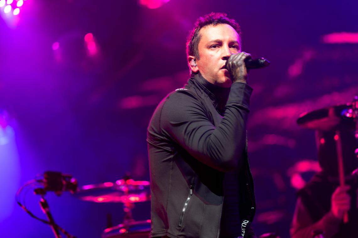 Tyler Joseph of Twenty One Pilots performs during “The Clancy Tour: Breach 2025” at PNC Music Pavilion in Charlotte on Thursday night.