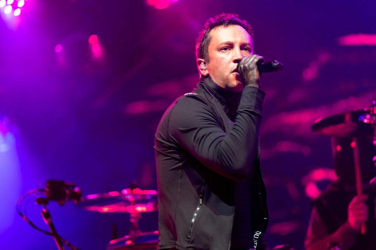 Tyler Joseph of Twenty One Pilots performs during “The Clancy Tour: Breach 2025” at PNC Music Pavilion in Charlotte on Thursday night.