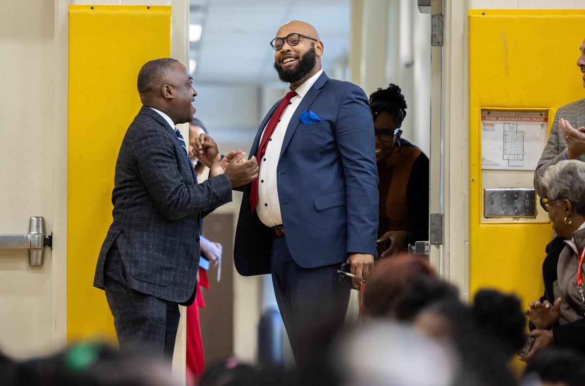 Principal Dwight Thompson arrives at Renaissance West STEAM Academy to be recognized as Charlotte-Mecklenburg Schools’ principal of the year in Charlotte, N.C., on Thursday, November 2, 2023.