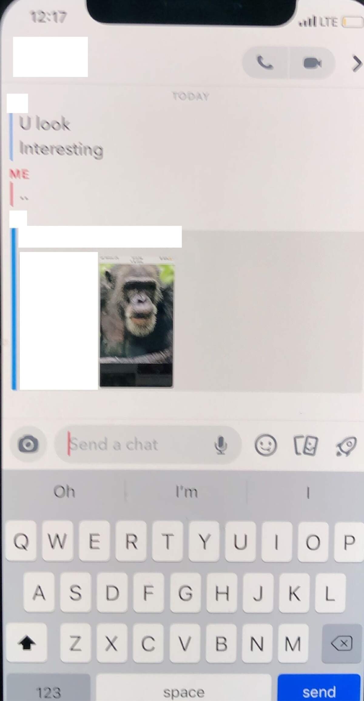 A photo of the racially charged message a black student at Ardrey Kell received on Snapchat. The photo has been edited to remove identifying marks.