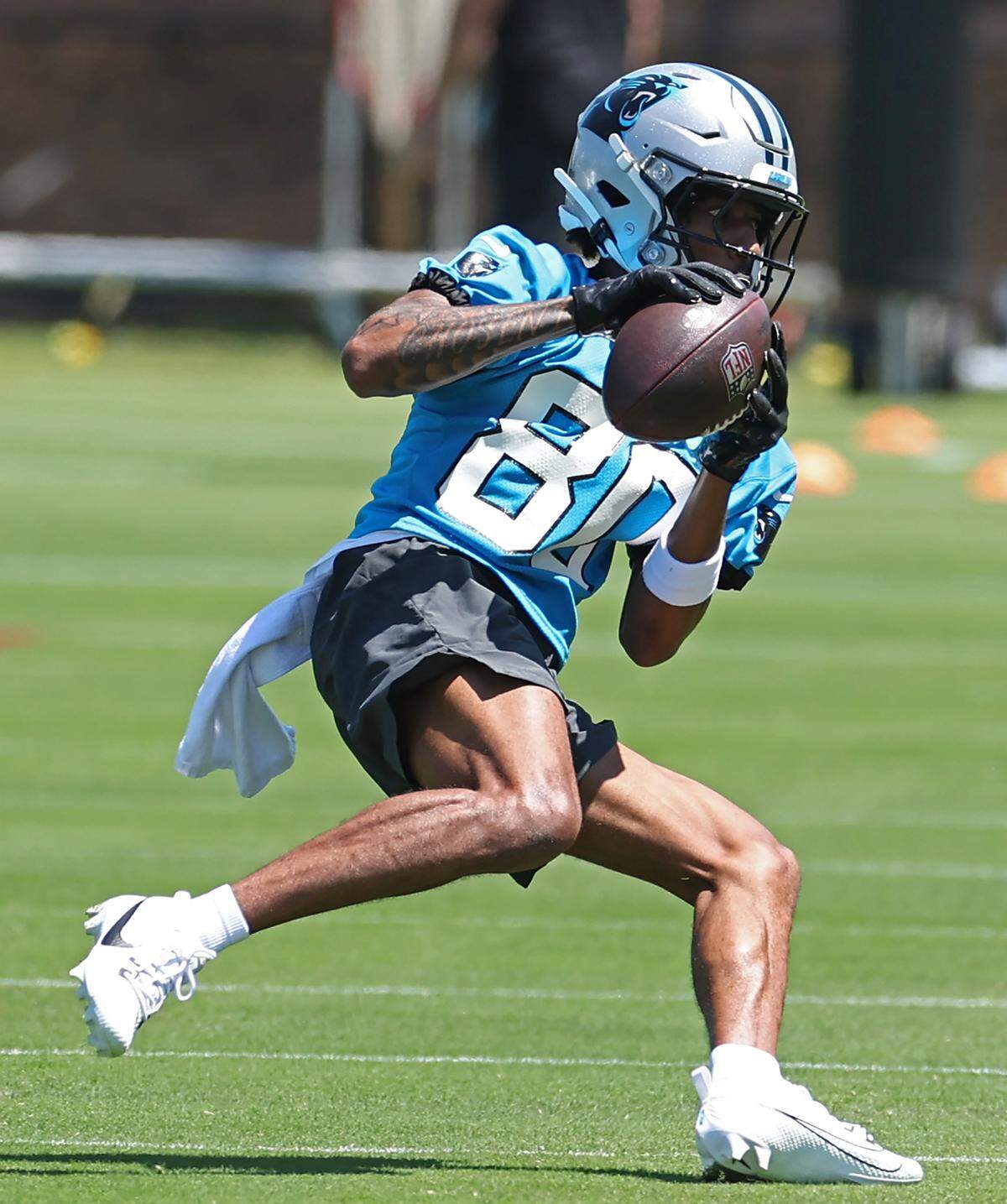 Carolina Panthers wide receiver Jacolby George turns upfield after catching a pass during the team’s rookie minicamp practice on Friday, May 9, 2025.