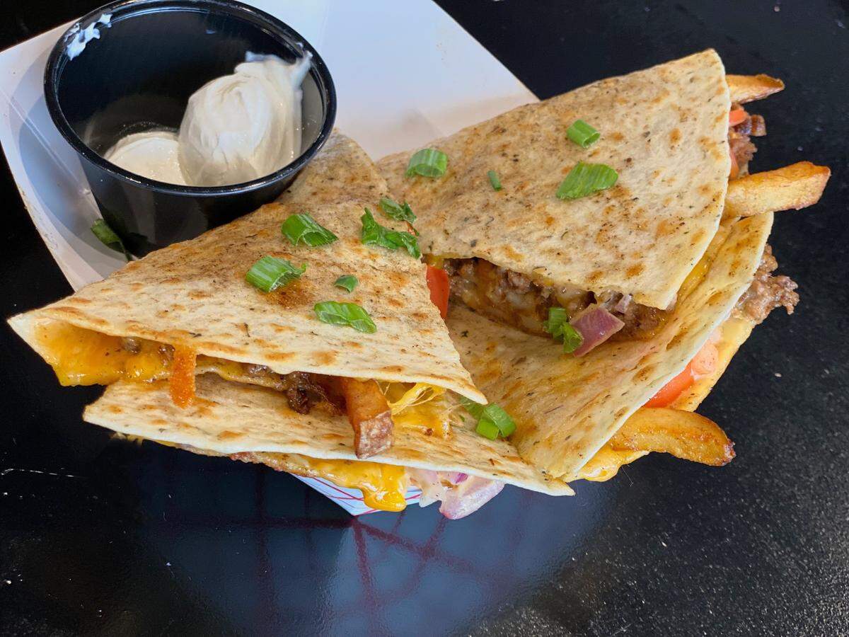 The Burger & Fries Quesadilla at What the Fries. 