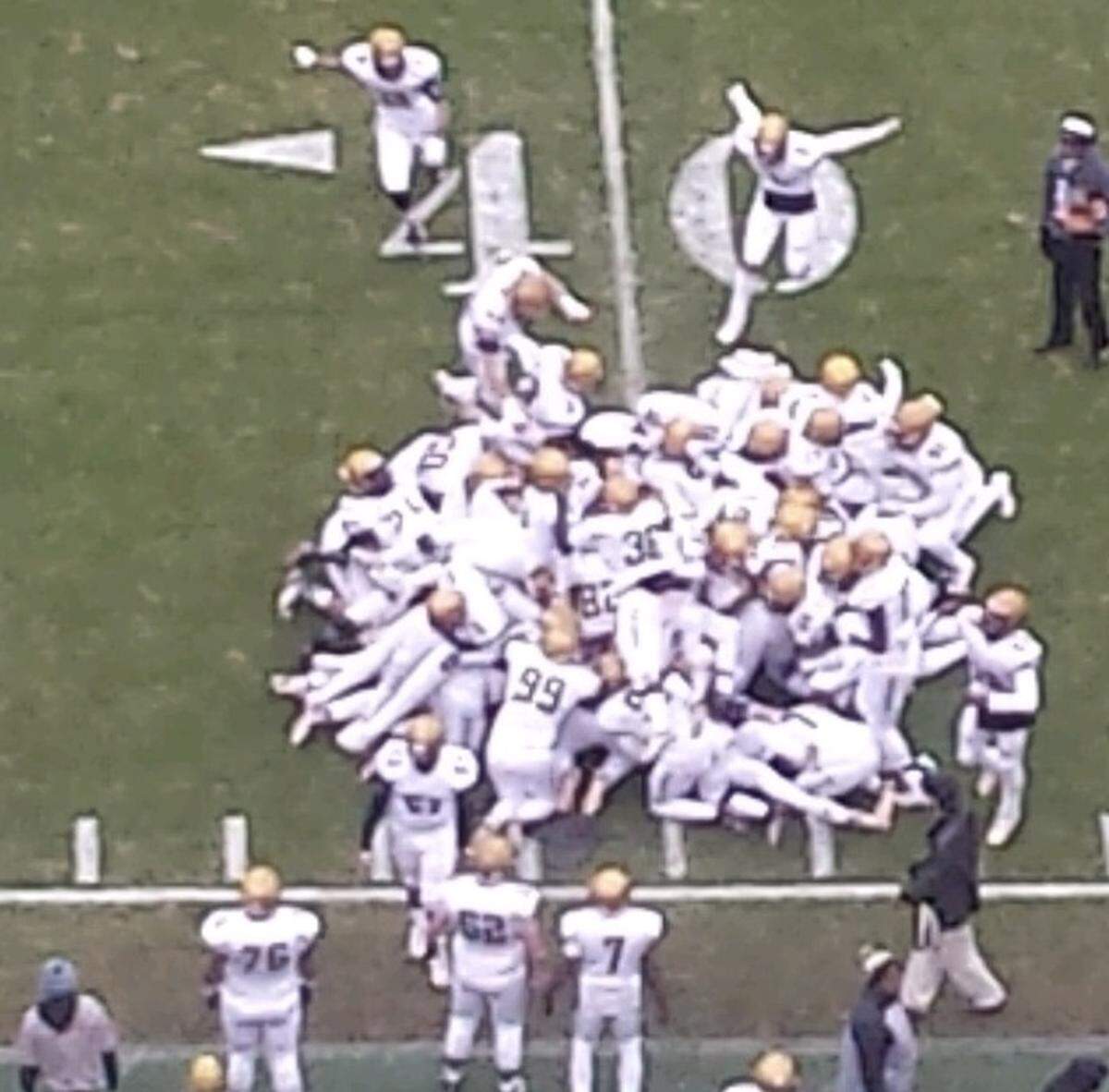 “The Pile” in Shelby is a pregame tradition for the Golden Lions dating back for close to 60 years. It’s not as chaotic as it looks, as the team occasionally practices “The Pile” and makes sure the linemen are on the bottom.