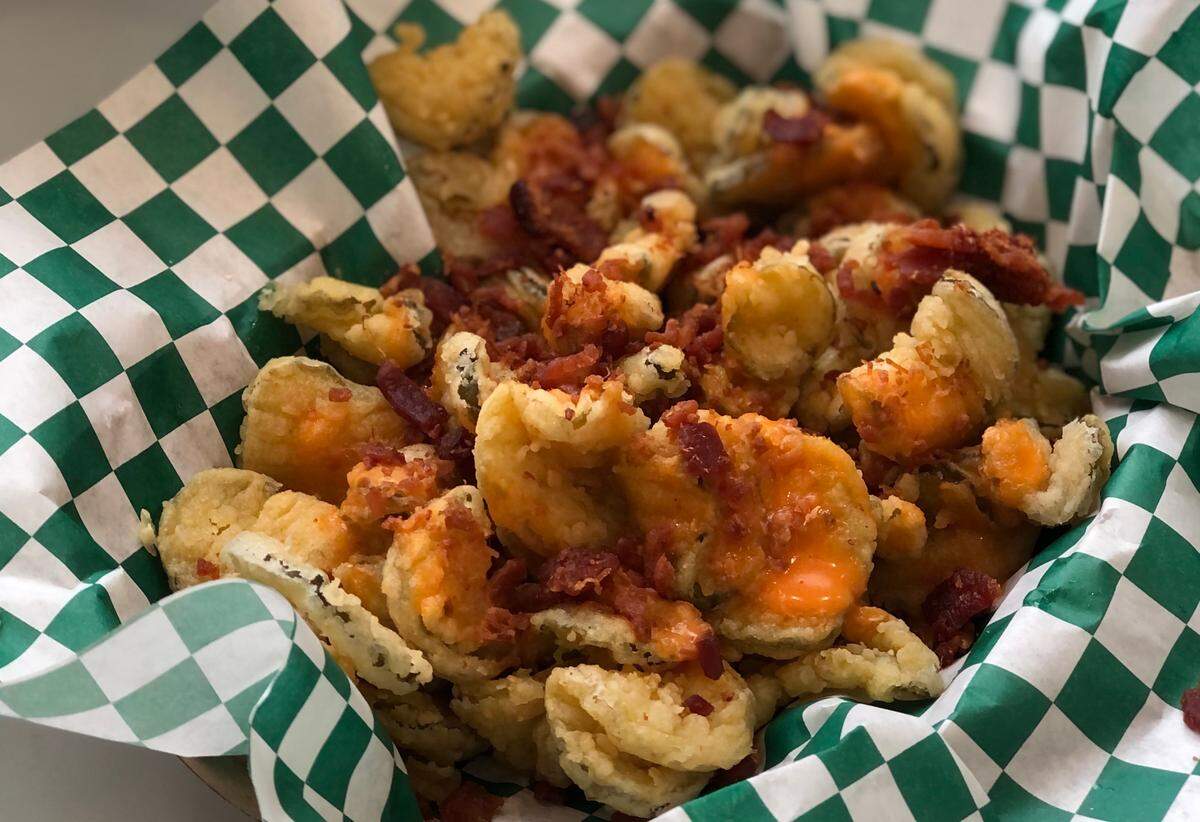 Fried Dill Pickles with Carolina Gold sauce and bacon.