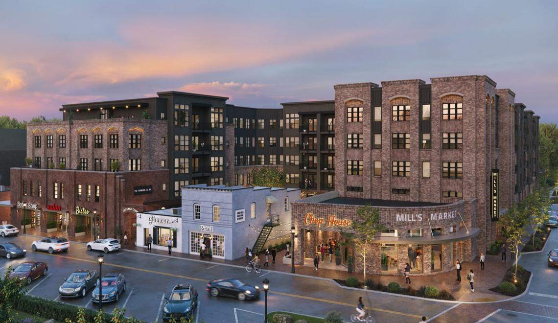 Mill’s Market in downtown Cornelius will include a five-story building with 12,000 square feet of commercial space on the first floor and 238 multi-family units on the other stories.