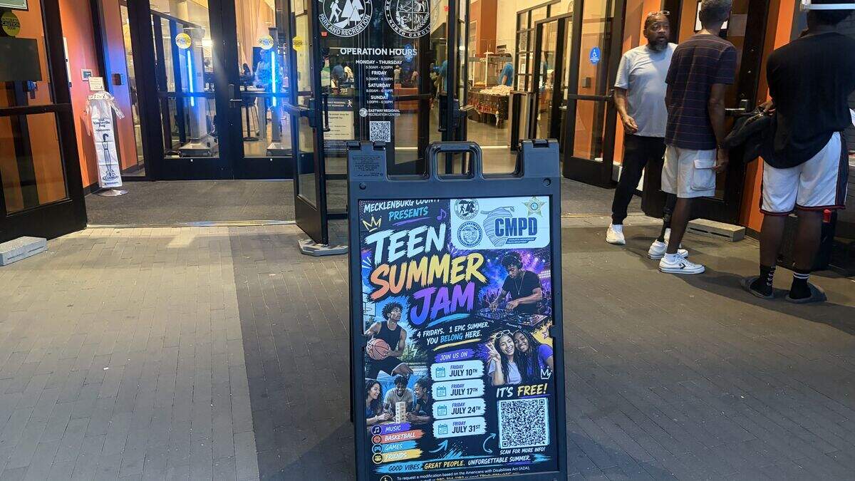 A sign outside the Eastway Regional Recreation Center, where Mecklenburg County Park and Recreation hosted its second Teen Summer Jam on Friday, July 17, 2026.