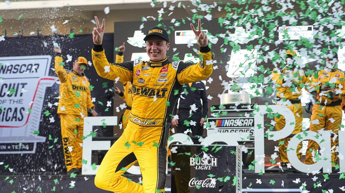 DEWALT Toyota driver Christopher Bell (20) celebrates winning the NASCAR Cup Series EchoPark Automotive Grand Prix at Circuit of the Americas on Sunday, March 2, 2025 in Austin.