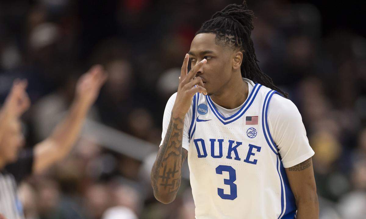 Duke forward Isaiah Evans (3) reacts after sinking a three-point basket to give the Blue Devils a one point lead in the second half against St. John’s on Friday, March 27, 2026, during the Sweet Sixteen of the NCAA Tournament at Capital One Arena in Washington, D.C.