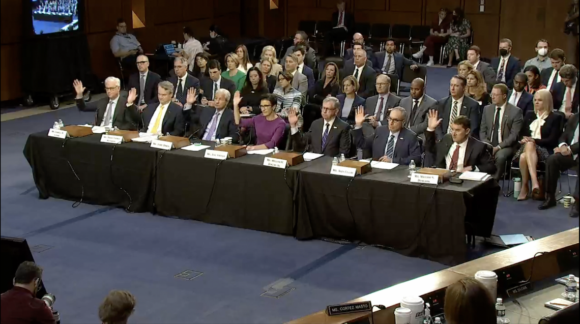 At a Capitol Hill hearing, senators pressed bank CEOs on a number of issues. From left: Wells Fargo CEO Charlie Scharf, Bank of America CEO Brian Moynihan, JP Morgan Chase CEO Jamie Dimon, Citigroup CEO Jane Fraser, Truist CEO Bill Rogers, U.S. Bancorp CEO Andrew Cecere, PNC Bank CEO Bill Demchak.