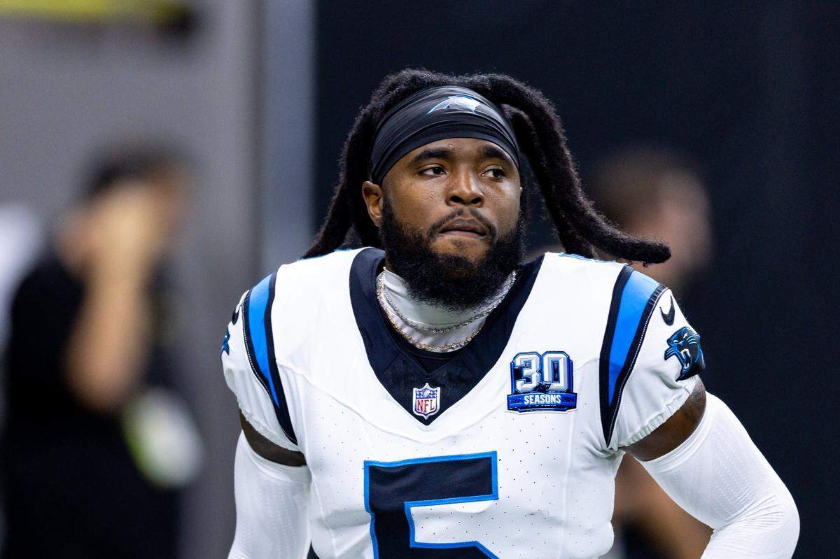 Sep 8, 2024; New Orleans, Louisiana, USA;  Carolina Panthers wide receiver Diontae Johnson (5) against the New Orleans Saints during the pregame at Caesars Superdome. Mandatory Credit: Stephen Lew-Imagn Images