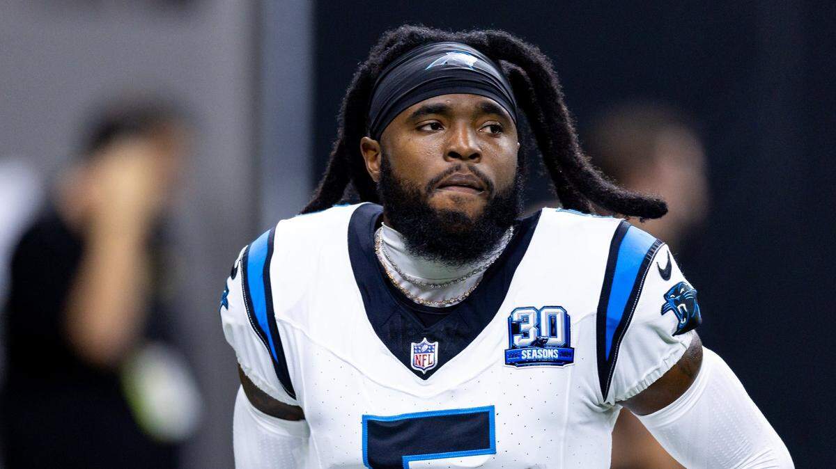 Sep 8, 2024; New Orleans, Louisiana, USA;  Carolina Panthers wide receiver Diontae Johnson (5) against the New Orleans Saints during the pregame at Caesars Superdome. Mandatory Credit: Stephen Lew-Imagn Images