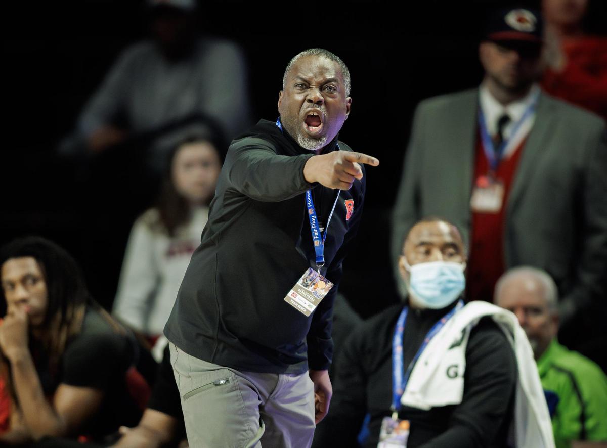 Corvian head coach Ron Murphy directs his team during late 1st half action. Corvian would play Southern Wake in the 1A Men’s Basketball NCHSAA Championship Friday 14, 2025.