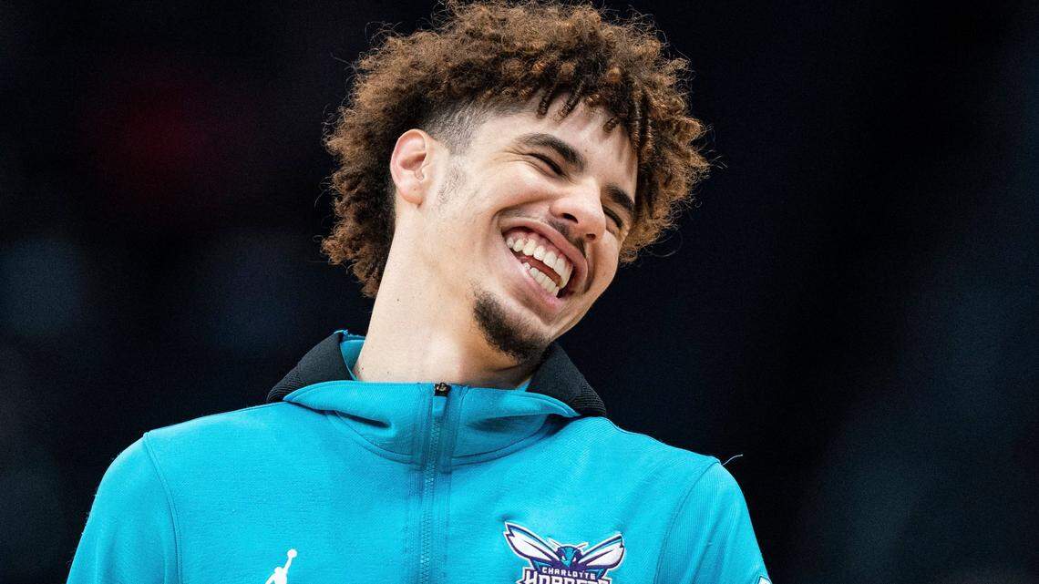 Charlotte Hornets guard LaMelo Ball (2) warms up before an NBA basketball game against the Washington Wizards in Charlotte, N.C., Wednesday, Nov. 17, 2021. (AP Photo/Jacob Kupferman)