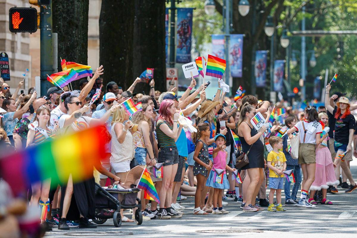 Spectators fill Tryon Street to watch the Charlotte Pride Parade in Charlotte, N.C., Sunday, Aug. 20, 2023. (Photo: Nell Redmond)
