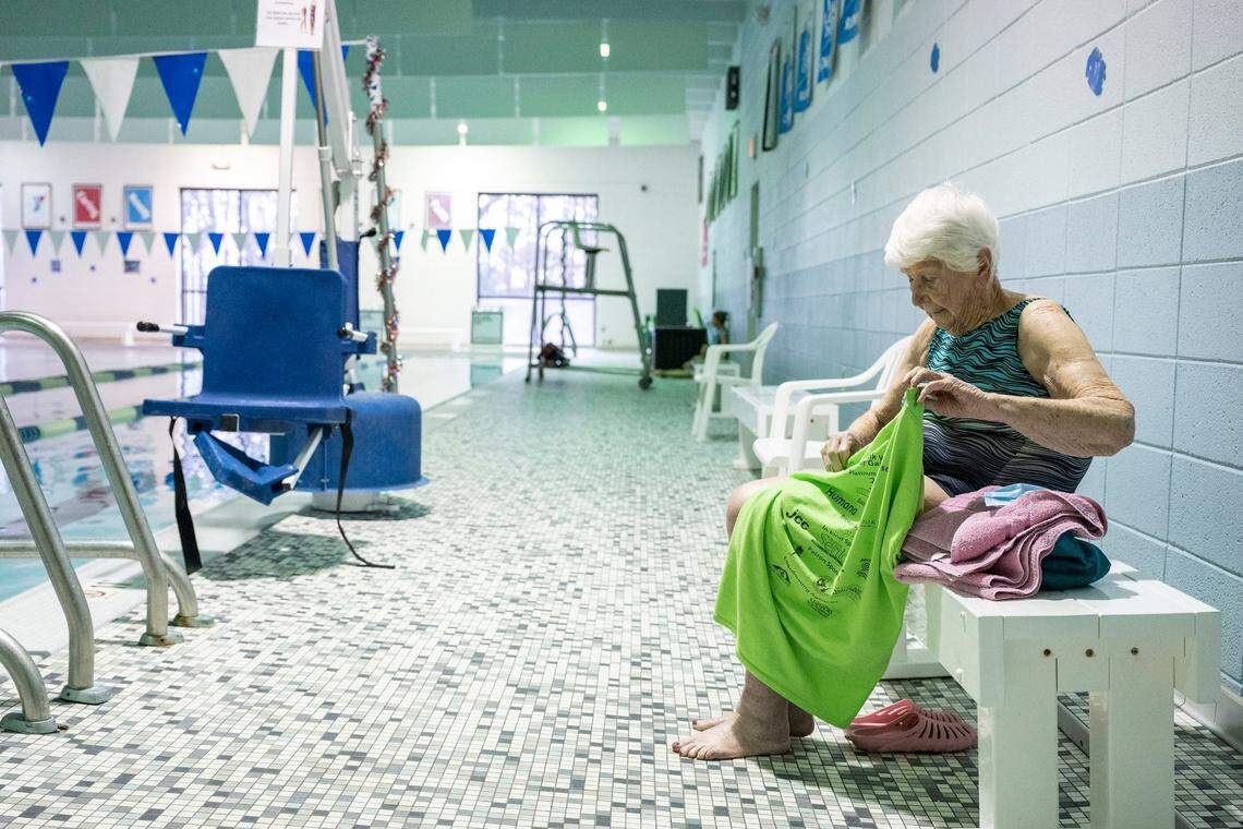 Joan Wayne gets ready for her regular Tuesday-morning swim workout at Simmons YMCA.