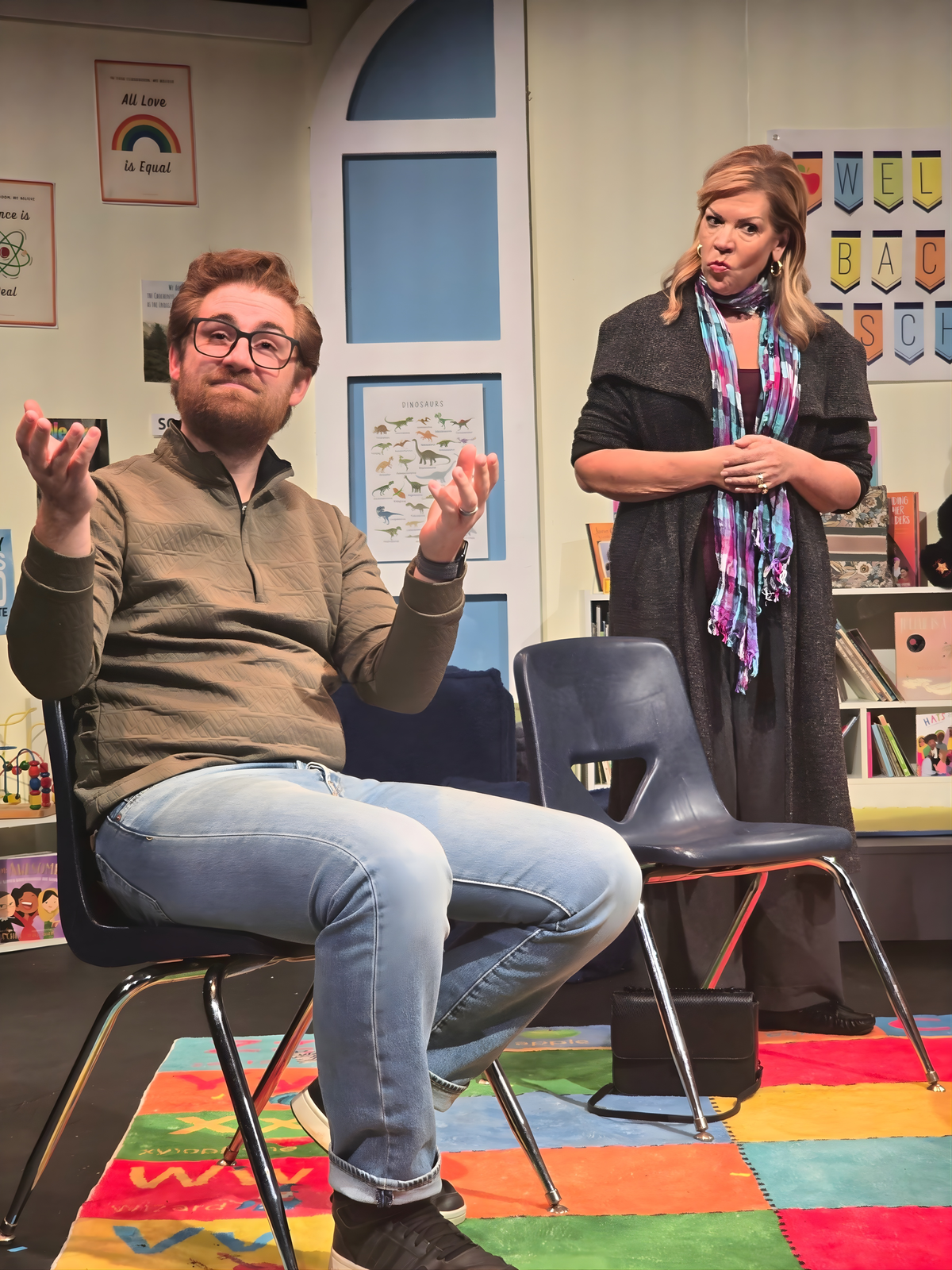 From left: Eli (Brandon Dawson) and Suzanne (Donna Scott) in ‘Eureka Day’ from Three Bone Theatre.