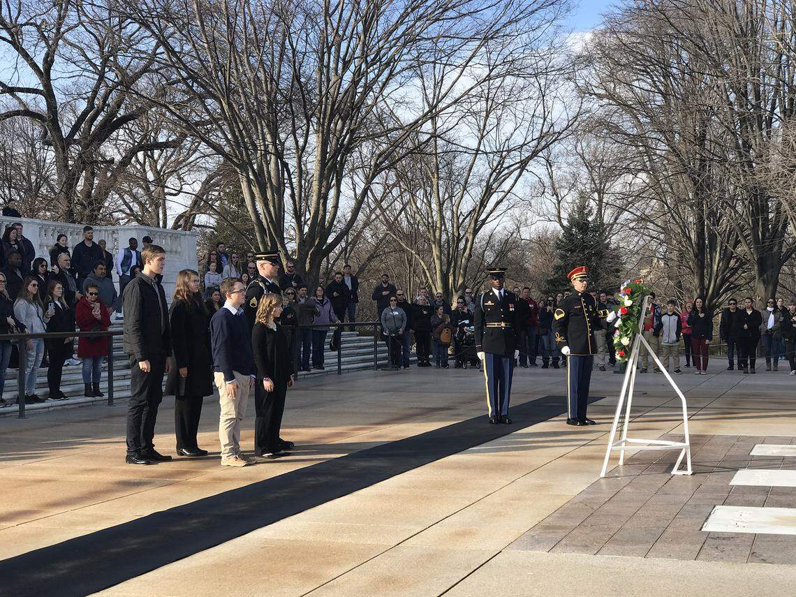 Four students from the Youth Orchestras of Charlotte participated in a wreath laying ceremony at the Tomb of the Unknown Soldier. Each student represented one section of the orchestra