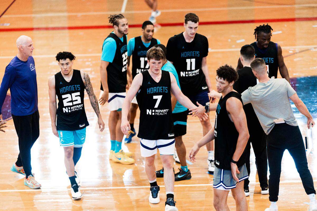 Kon Knueppel walks off the court after Charlotte Hornets wrap up summer league practice in Las Vegas.