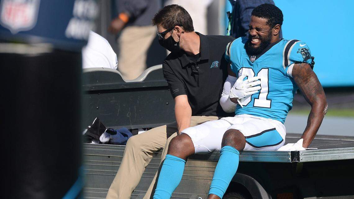 Carolina Panthers safety Juston Burris grimaces in pain as he is carted off the field during third quarter action against the Chicago Bears at Bank of America Stadium in Charlotte, NC on Sunday, October 18, 2020. The Bears defeated the Panthers 23-16.