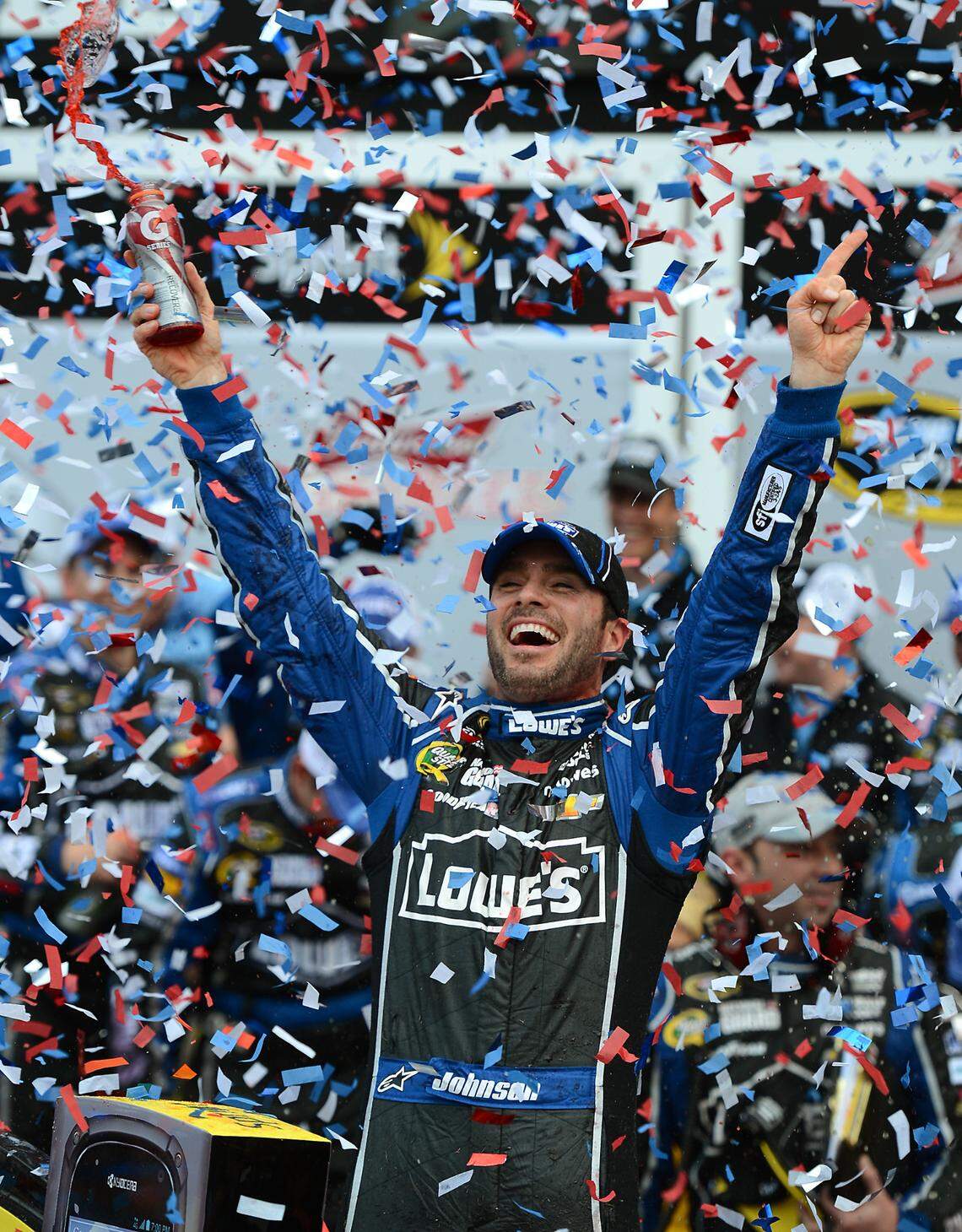 NASCAR Sprint Cup Series driver Jimmie Johnson celebrates his victory in the Daytona 500 at Daytona International Speedway on Sunday, February 24, 2013. 
