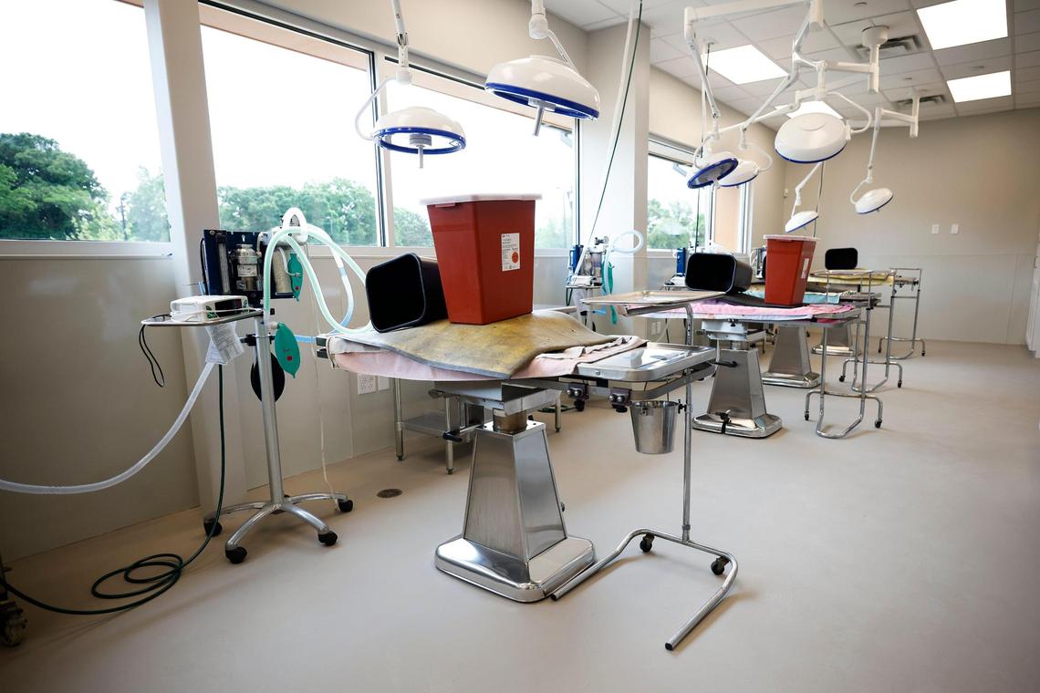 Examination tables in the medical facility at the new Humane Society of Charlotte building in Charlotte, N.C., Thursday, May 12, 2022. The new 27,000 square foot facility located on Parker Drive will provide spaces such as a cafe and a new medical facility when it opens later this month.