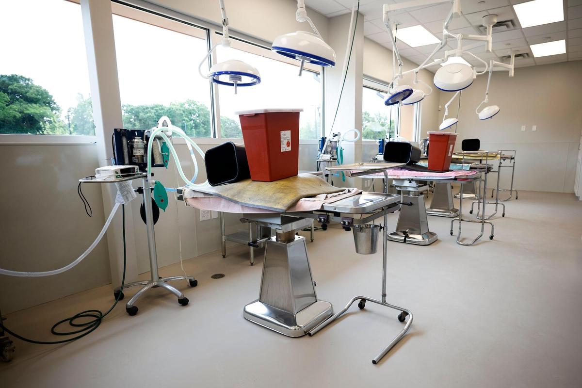 Examination tables in the medical facility at the new Humane Society of Charlotte building in Charlotte, N.C., Thursday, May 12, 2022. The new 27,000 square foot facility located on Parker Drive will provide spaces such as a cafe and a new medical facility when it opens later this month.