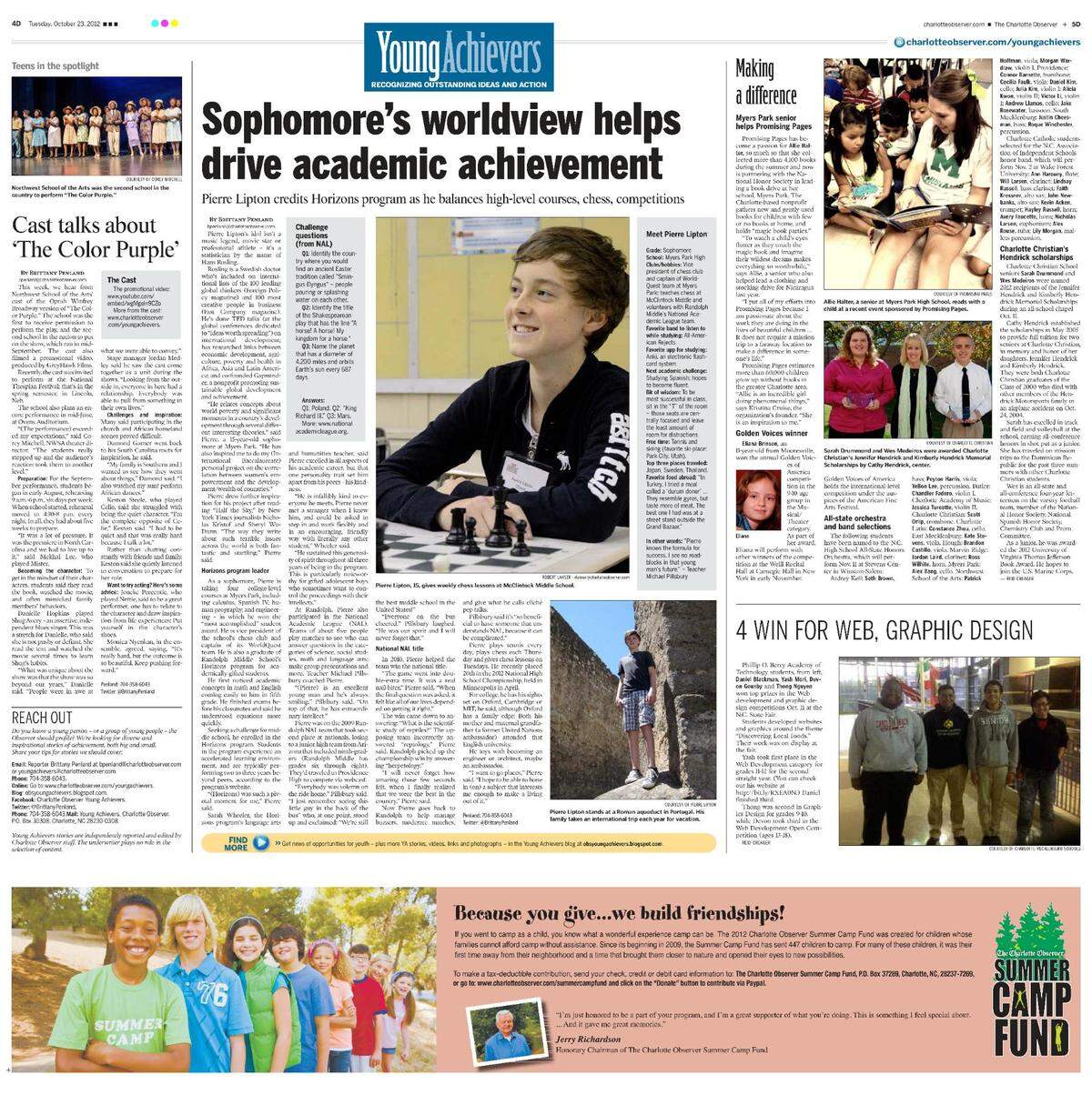 Pierre Lipton, then a student at Myers Park High School, was profiled as a “Young Achiever” in the Charlotte Observer in 2012.