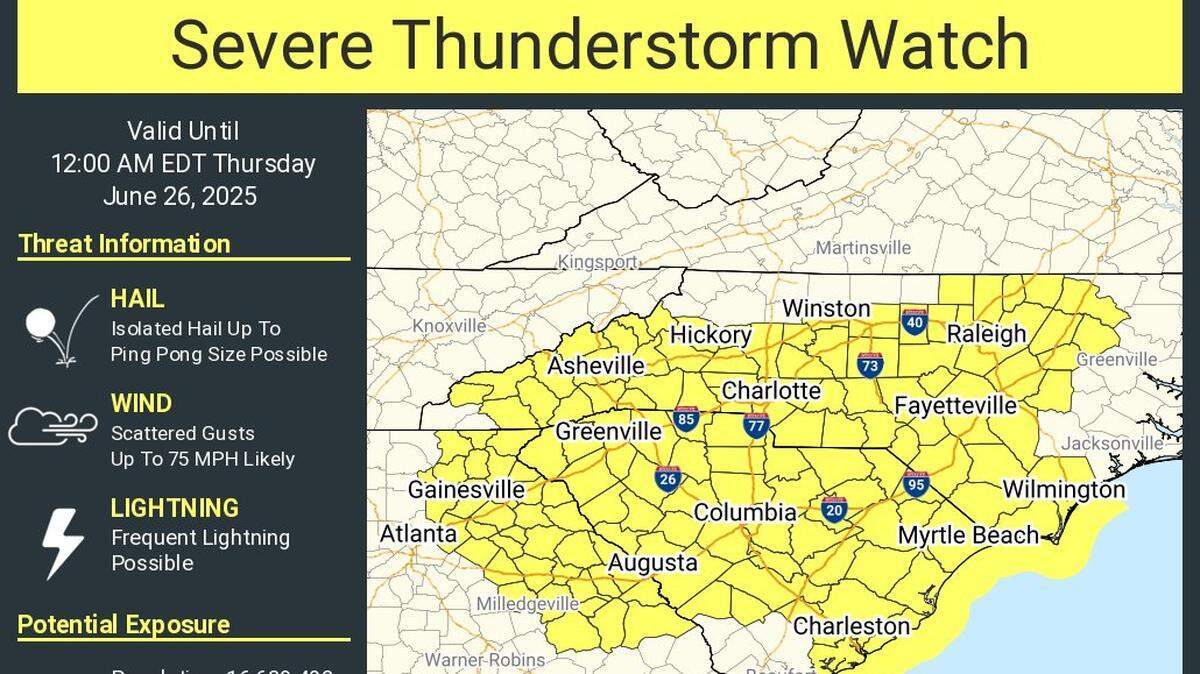 Charlotte was under a severe thunderstorm watch on Wednesday, June 25, 2025.