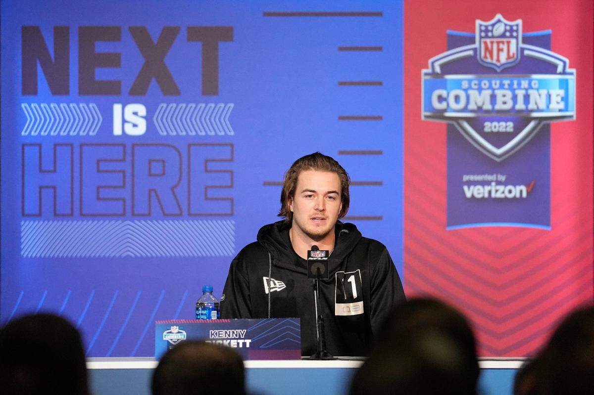 Pittsburgh quarterback Kenny Pickett speaks during a press conference at the NFL football scouting combine, Wednesday, March 2, 2022, in Indianapolis. (AP Photo/Darron Cummings)