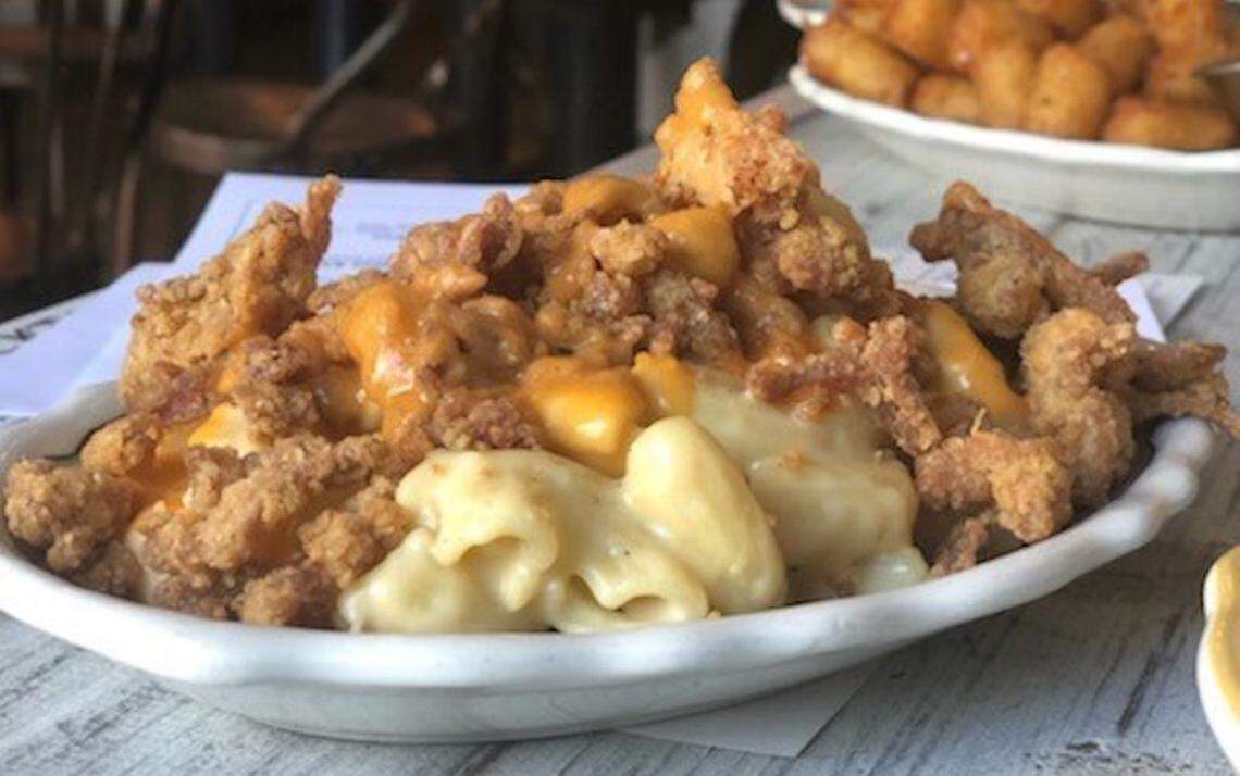 Haberdish’s mac and cheese side dish is served with crispy chicken skins.