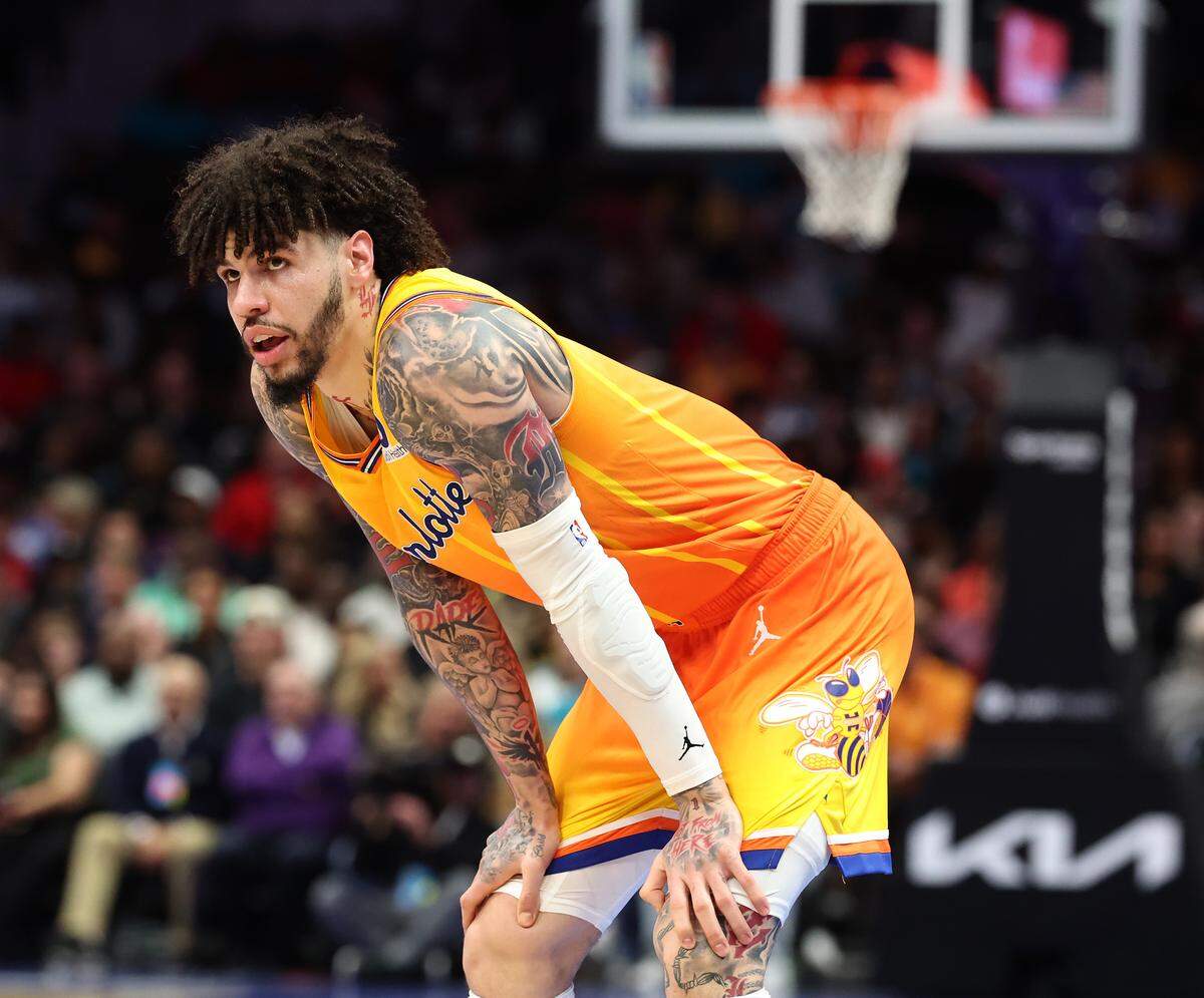Charlotte Hornets guard LaMelo Ball takes a breather during action against the Houston Rockets at Spectrum Center in Charlotte, NC on Thursday, February 19, 2026. Ball was involved in car collision on Wednesday at the intersection of Trade and Tryon Streets. 