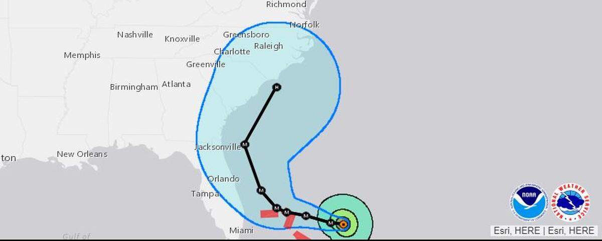 Hurricane Dorian is expected to veer northeast from well off the coast of Jacksonville, Fla., with the center of the storm possibly making landfall near Cape Fear in southeastern North Carolina, south of Wilmington, according to the latest National Hurricane Center tracking map at 2 p.m. Saturday.