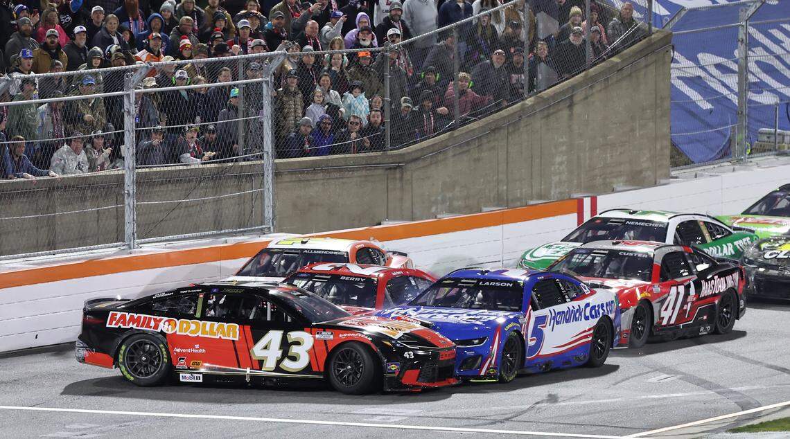 NASCAR Cup driver Erik Jones goes sideways in front of the field for the NASAR Cup Series Last Chance Race at Bowman Gray Stadium in Winston-Salem, NC on Sunday, February 2, 2025. Driver Kyle Larson won the race.