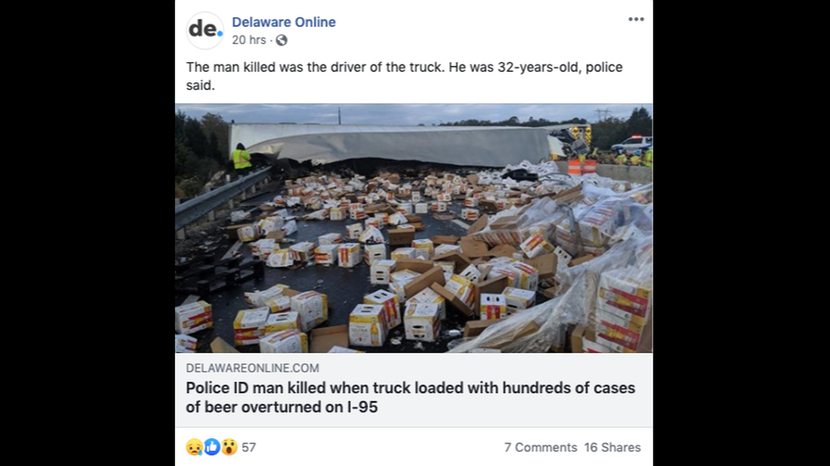 Police in Maryland identified the driver who died after his tractor trailer filled with hundreds of cases of beer overturned as a man from North Carolina.