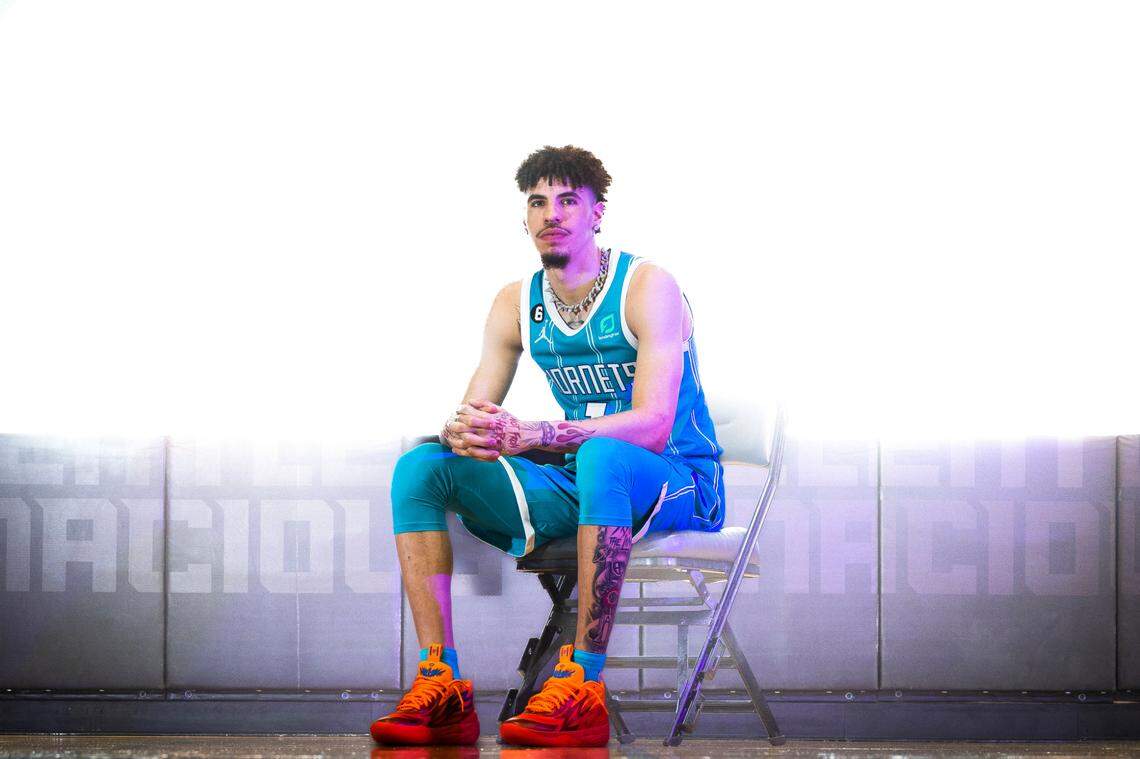 Charlotte Hornets guard LaMelo Ball poses for a portrait during media day at Spectrum Center in Charlotte, N.C., Monday, Sept. 26, 2022.