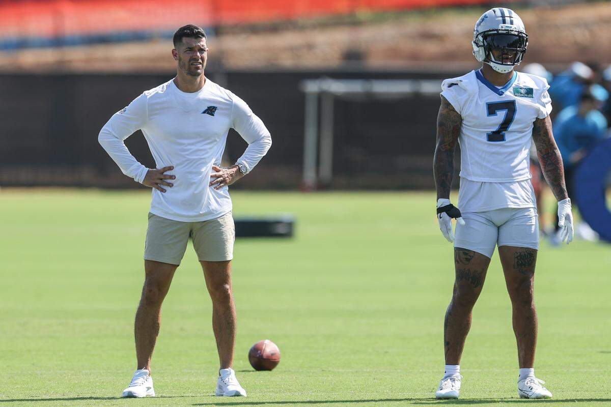 Panthers head coach Dave Canales watches defensive backs run drills during training camp in Charlotte, NC on Tuesday, July 29, 2025.