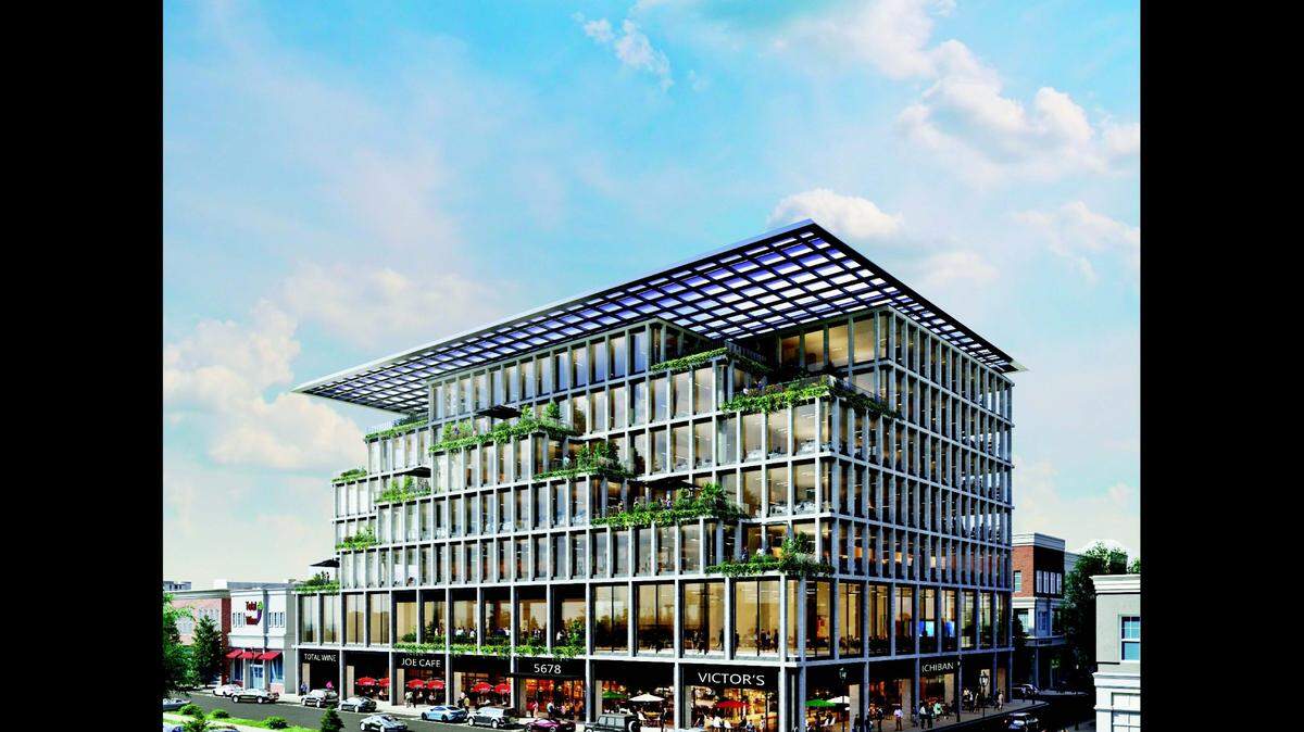 This architect rendering shows the seven-story office-commercial high-rise proposed for Birkdale Village off Interstate 77 Exit 25 in Huntersville.