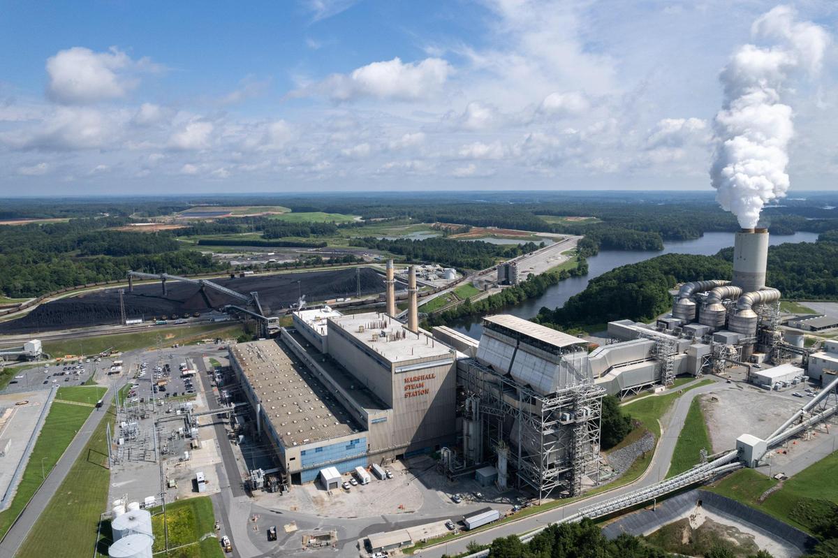 An aerial view of the Marshall Steam Station, a coal power plant owned by Duke Energy situated near Lake Norman in Sherrills Ford, N.C. Tuesday, July 26, 2022.
