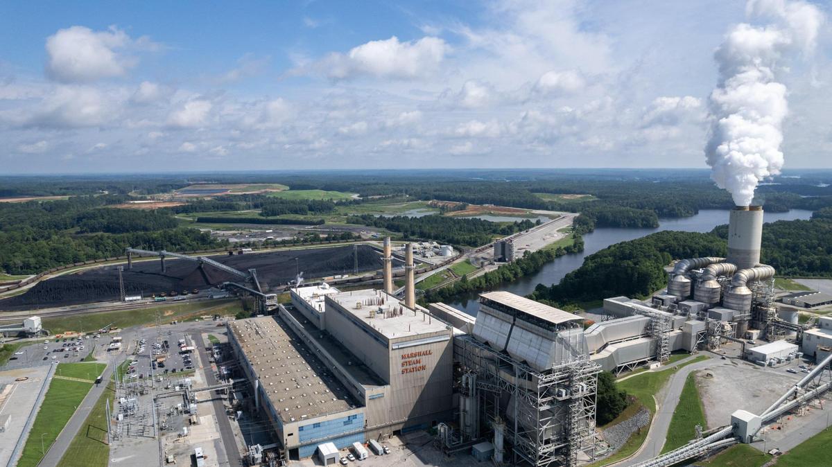 Duke Energy's plans call for new hydrogen-capable natural gas plants at Roxboro Steam Plant in Person County and at Marshall Steam Station (pictured here in 2022) on Lake Norman in Catawba County. 