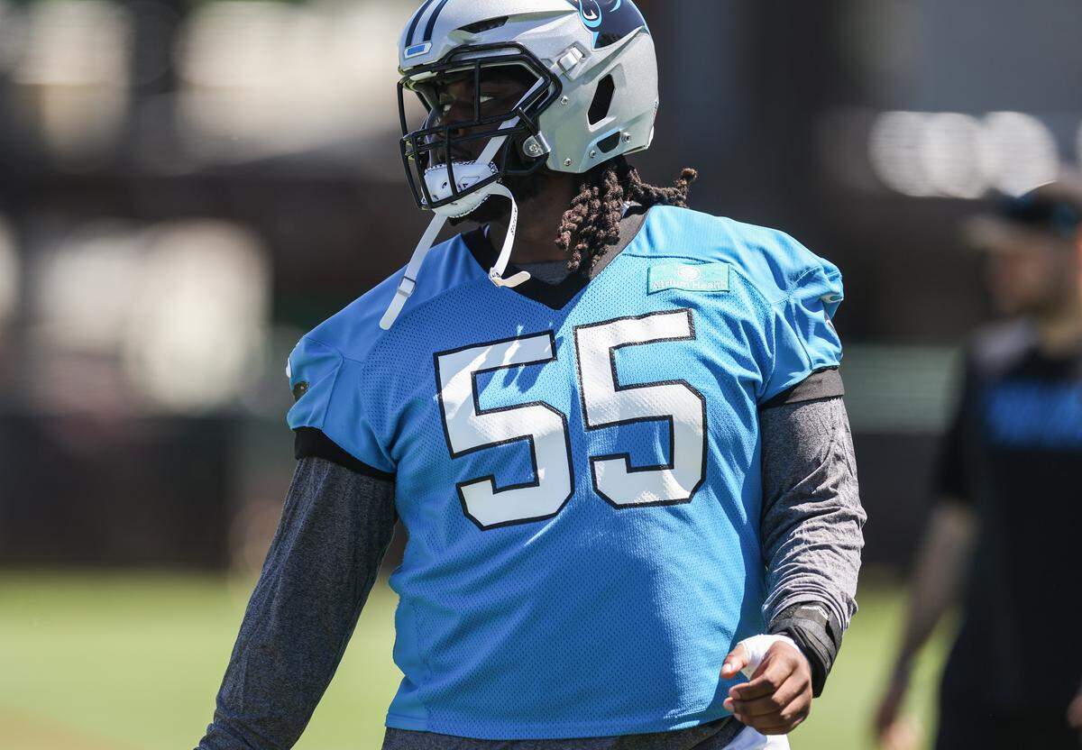 Guard Kenyon Green, a rookie camp invite, walks to the practice field at Panthers rookie minicamp in Charlotte on Friday, May 8, 2026.