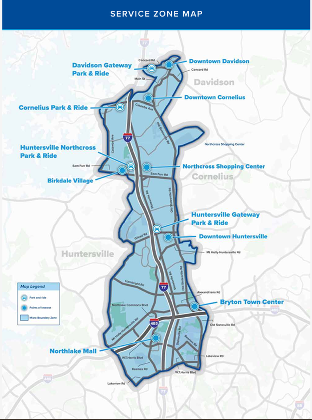 The pilot “zone” for CATS new microtransit service in north Mecklenburg.