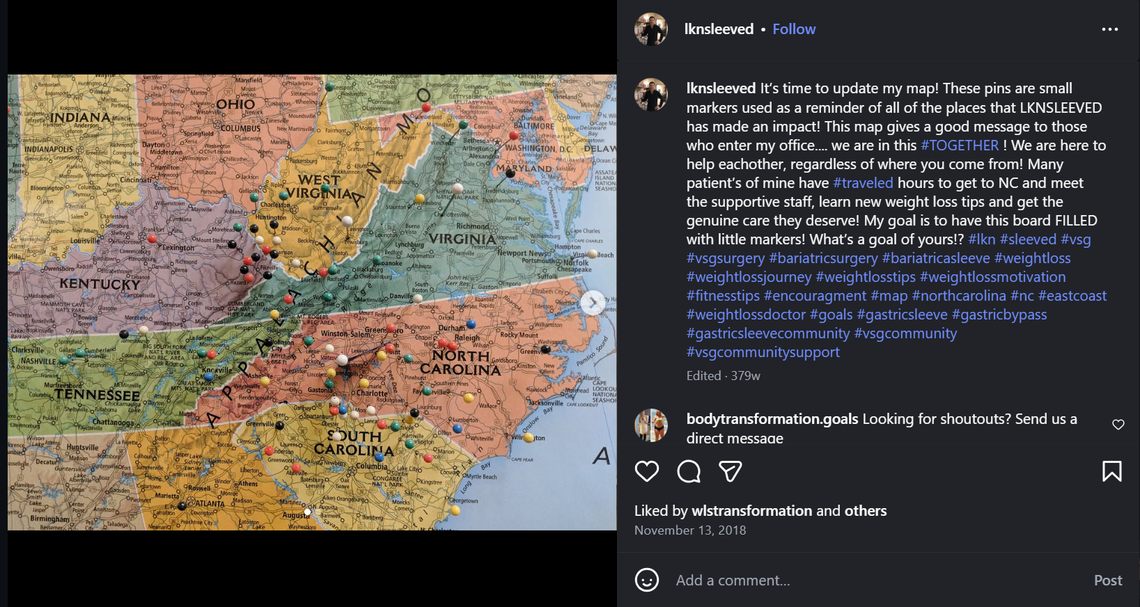 A 2018 post on Dr. Ryan Heider’s onetime Instagram page shows pinpoints on a map representing where patients had traveled from to see him.