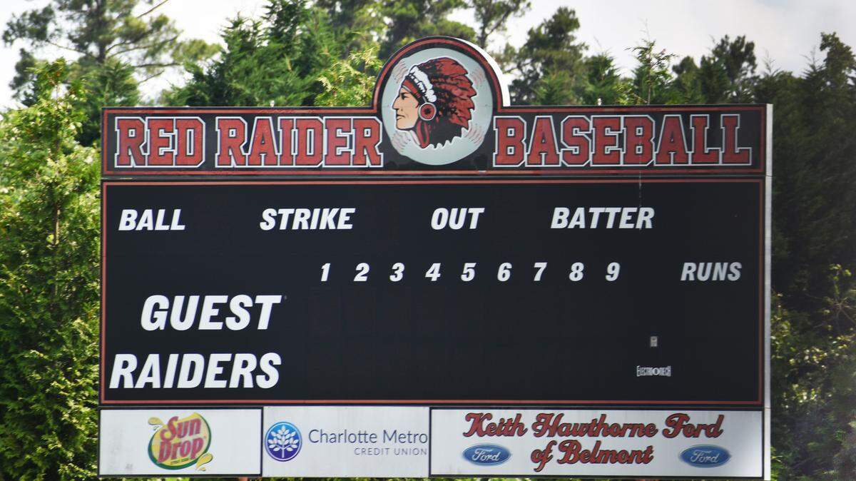 South Point High School’s baseball scoreboard prominently displays the school’s controversial Red Raiders logo.