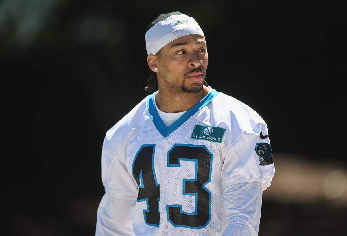 Cornerback DeVonta Smith walks from Bank of America Stadium to the Carolina Panthers practice facility for rookie minicamp on Friday, May 8, 2026.