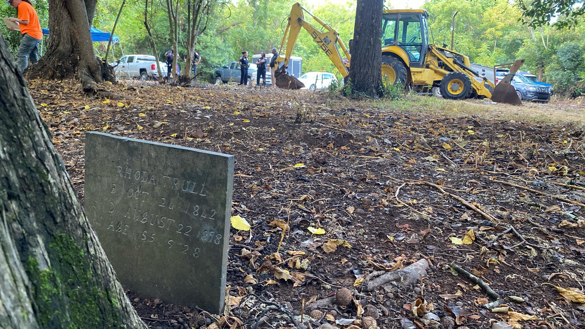 The headstone of Lori Deans’ third great aunt at Billy Woods Cemetery in Monroe, NC as crews begin work to move dozens of graves.