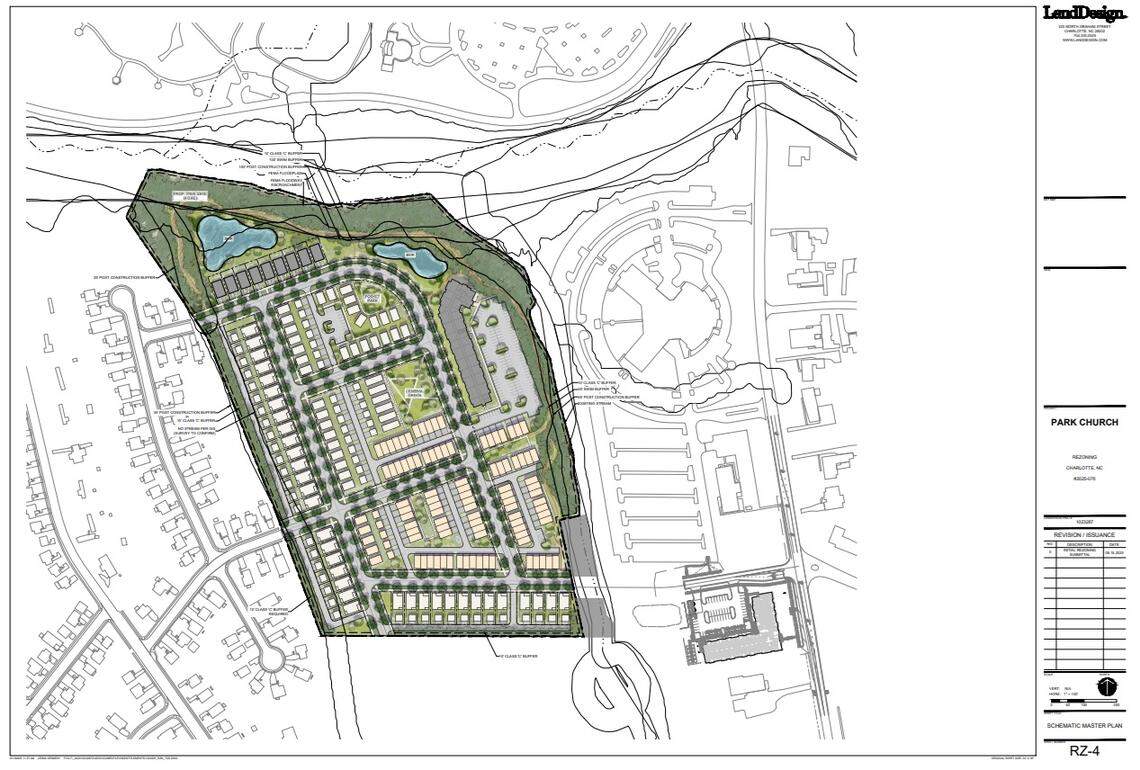 Rendering of the proposed development behind The Park Church. The church filed a rezoning petition to transform the 30 acres behind its sanctuary on Beatties Ford Road into more than 300 affordable residential units.