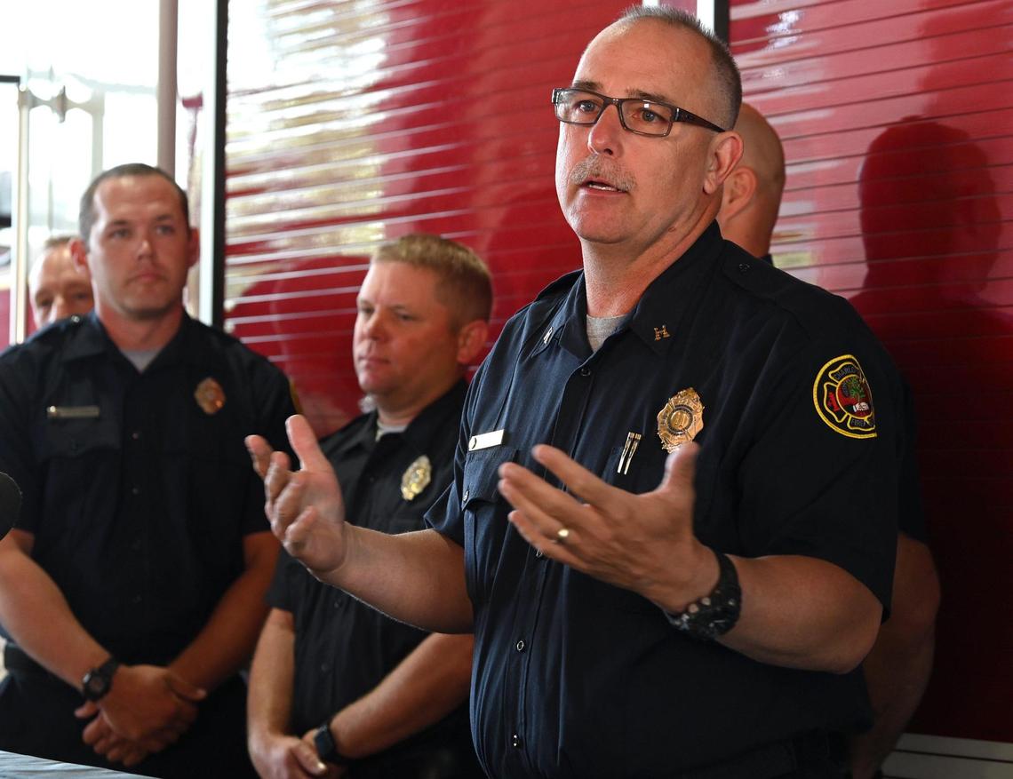 Charlotte Fire Captain Jeff Bright of Station 10 discusses the station’s firefighters role in battling the 5-alarm fire on Liberty Row Rd. on Thursday, May 18, 2023. Representatives Firehouse 16 joined Station 10 in detailing their roles in battling the fire on Thursday, May 25, 2023.