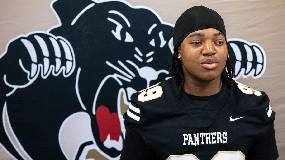 Providence football player Cory Cunningham talks about his team and the upcoming season during the Southwestern 7A/8A high school football conference’s media day at Rocky River High School in Charlotte, NC, Tuesday July 29, 2025.
