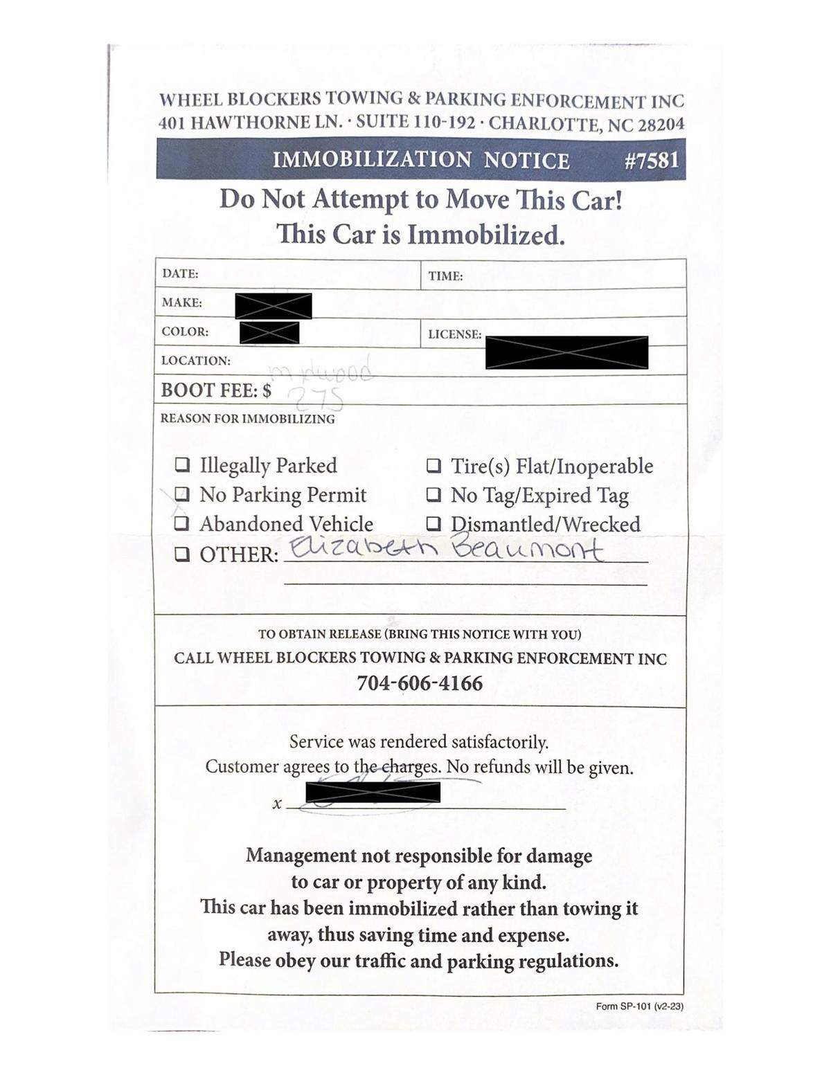 A copy of Liz Beaumont’s citation from Wheel Blockers.