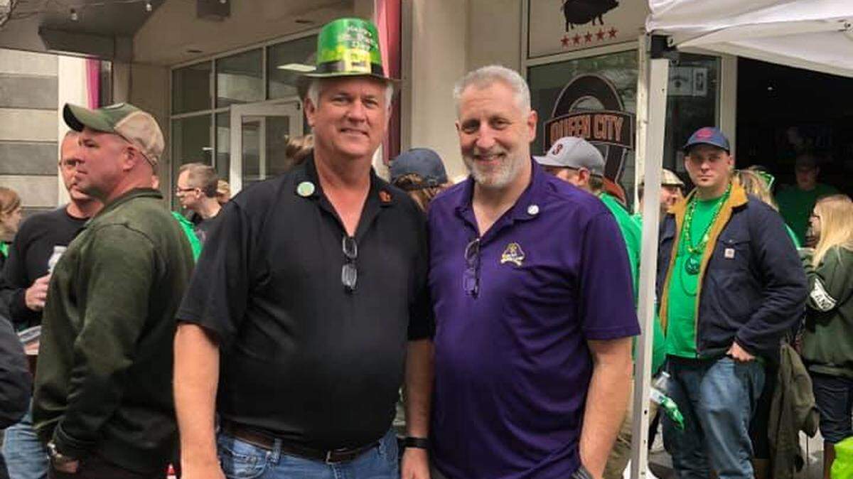 Bryan Meredith (left), managing partner of Queen City Q, and his business partner, Craig Utt (right) at an annual Saint Patrick’s Day celebration hosted at the restaurant. Queen City Q struggled after COVID-19, the loss of the RNC and a temporary closure due to protests, and the restaurant is closed for good.